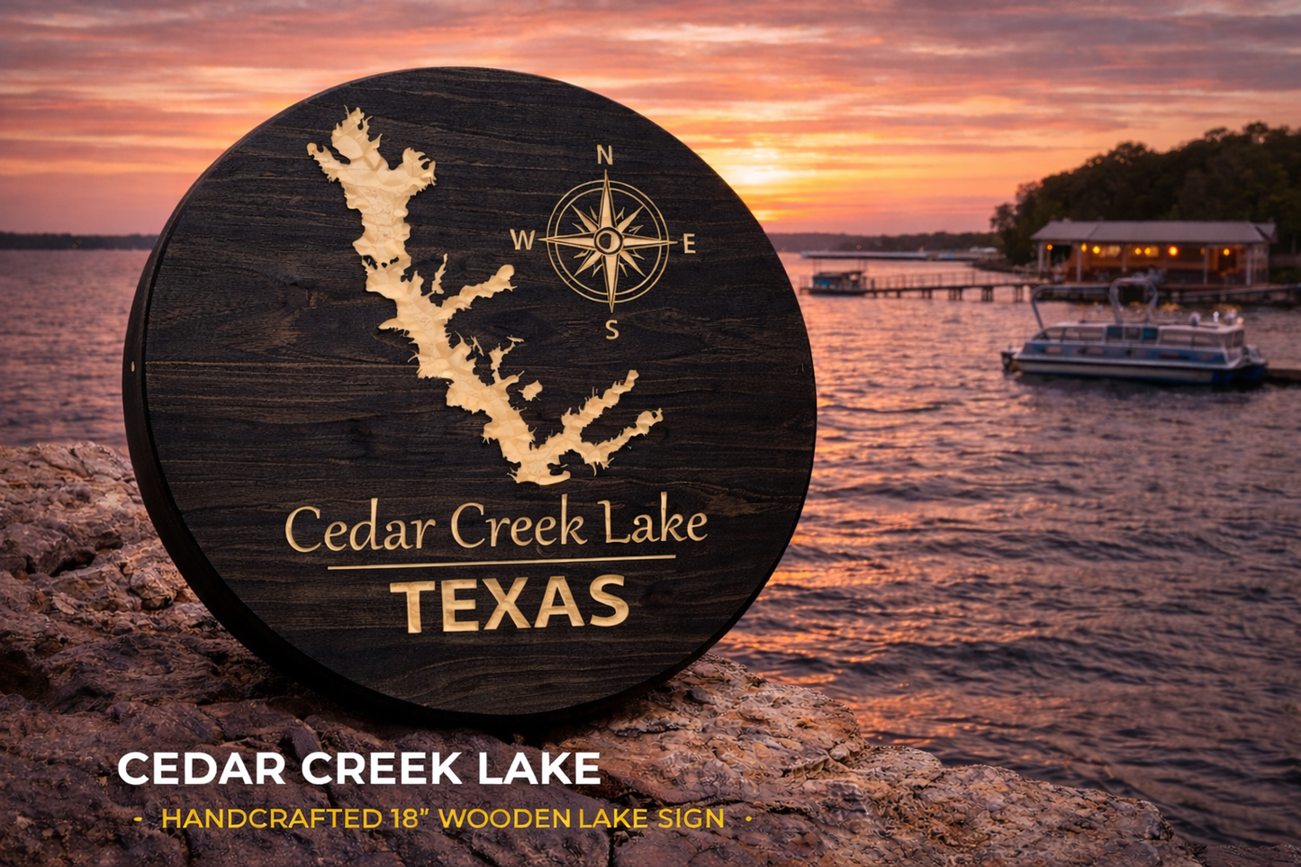 Cedar Creek Lake Wooden Map Sign 24 " – Texas