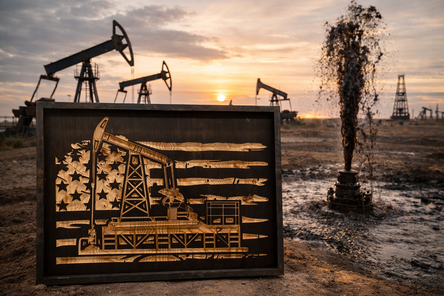 Oil Field American Flag Wood Sign – Pumpjack Wall Art – Rustic Oil Rig Decor – Petroleum Industry Gift – CNC Carved Wood Sign