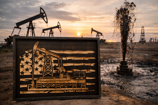 Oil Field American Flag Wood Sign – Pumpjack Wall Art – Rustic Oil Rig Decor – Petroleum Industry Gift – CNC Carved Wood Sign