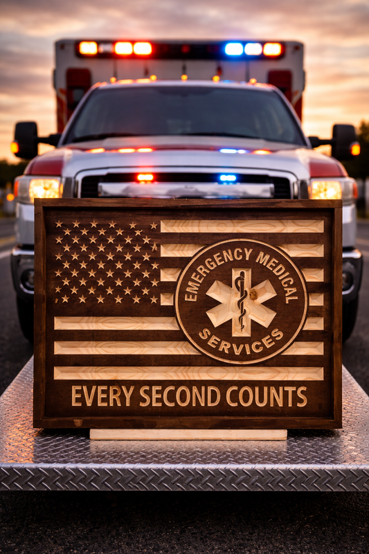 EMS Wooden American Flag Sign – Emergency Medical Services Wall Art, Paramedic Decor, First Responder Gift, Rustic CNC Carved Sign