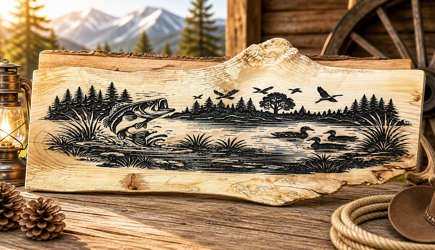 36" Live Edge Fishing Scene Wooden Sign – Handcrafted CNC Carved Lake & Wildlife Art