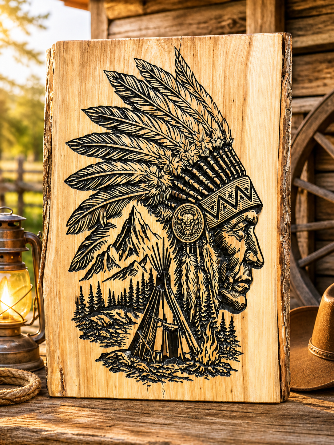 24" Live Edge Native Chief Wooden Sign – Handcrafted CNC Carved Wall Art