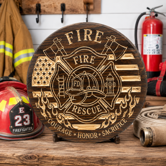 Fire Rescue Wooden Wall Sign – Firefighter Maltese Cross | Rustic Fire Department Decor | 18" Round
