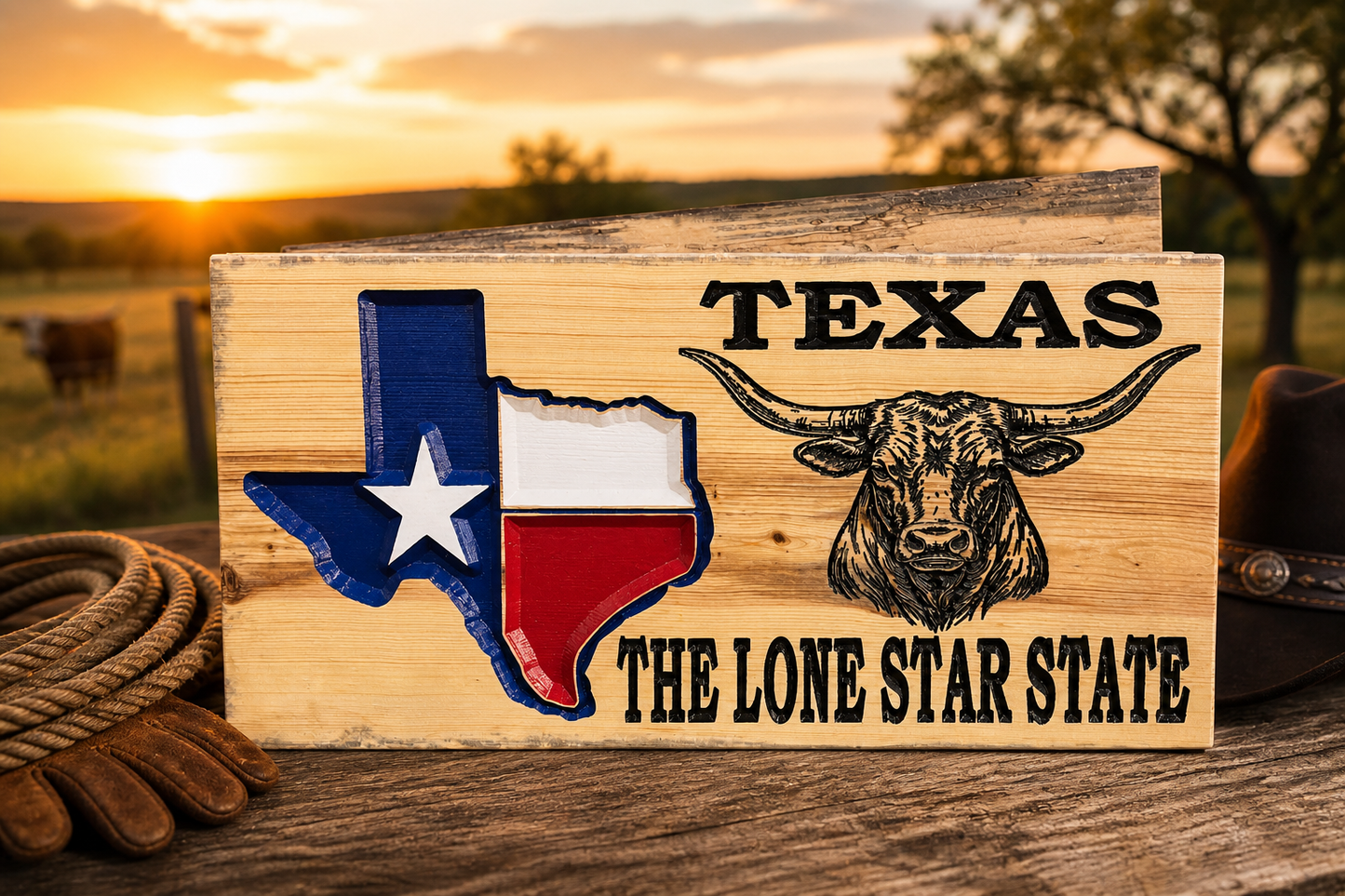 Texas Wooden Sign | Lone Star State Longhorn Wall Decor | Rustic CNC Carved