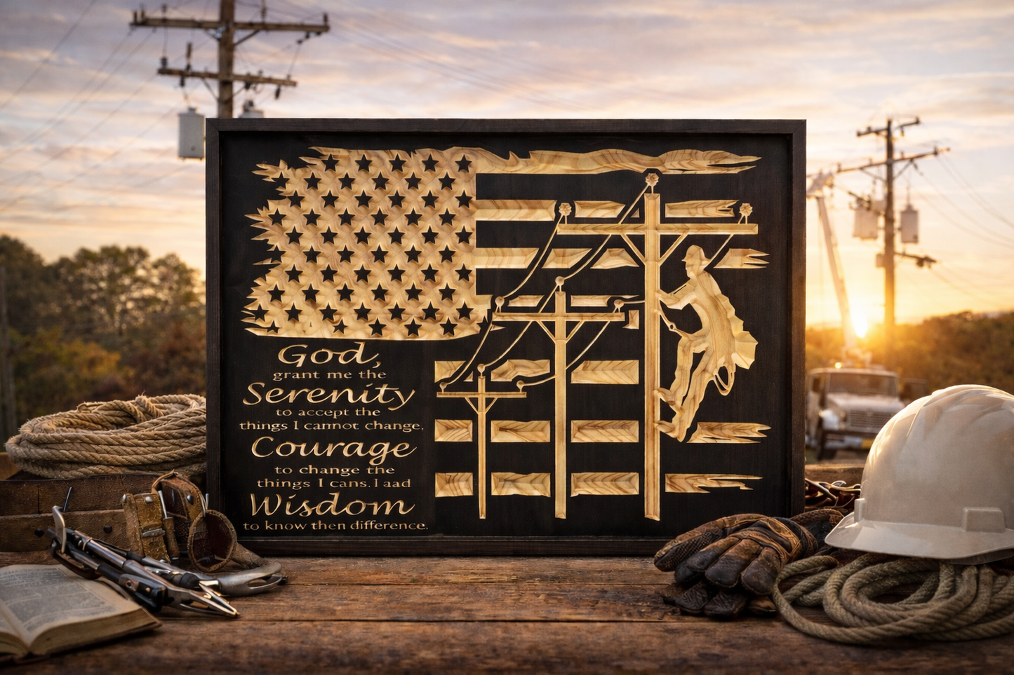 Lineman Serenity Prayer Wooden Sign – Patriotic Power Line Worker Wall Art (18"x24")
