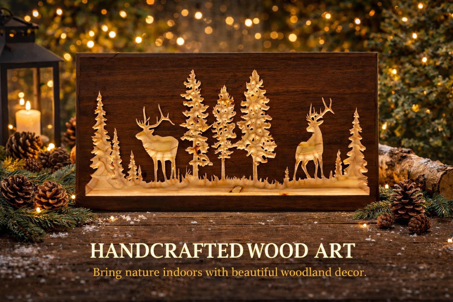 Rustic Deer Forest Wood Carving 12x24