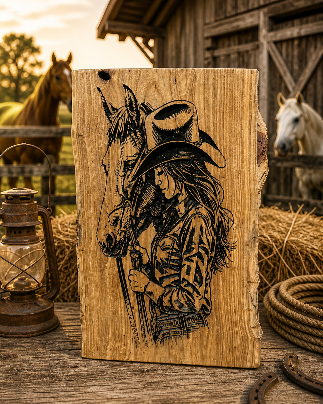 24" Live Edge Cowgirl & Horse Wooden Sign – Handcrafted Rustic Western Wall Art