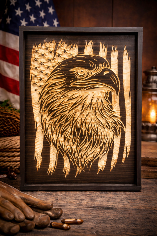 Bald Eagle American Flag Wood Sign – Patriotic Wall Art – Rustic Wooden Eagle Decor – USA Flag Wall Hanging – Handcrafted Wood Sign