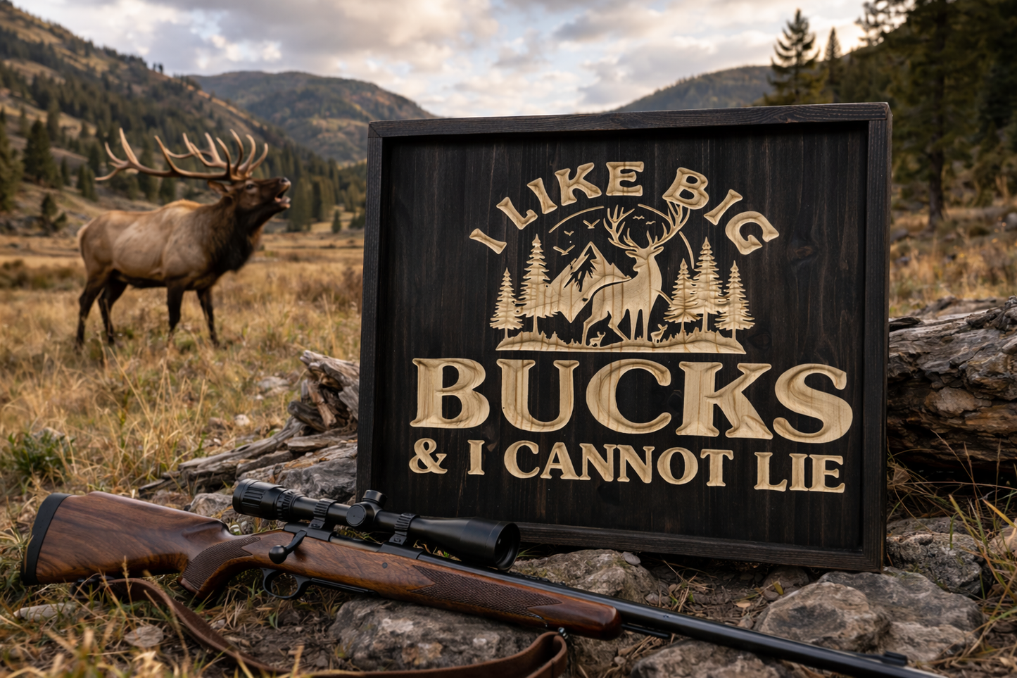 Big Bucks Wood Sign –18x24 Hunting Wall Decor – Rustic Deer & Elk Sign – Man Cave Hunting Decor – Cabin Wall Art – Hunter Gift