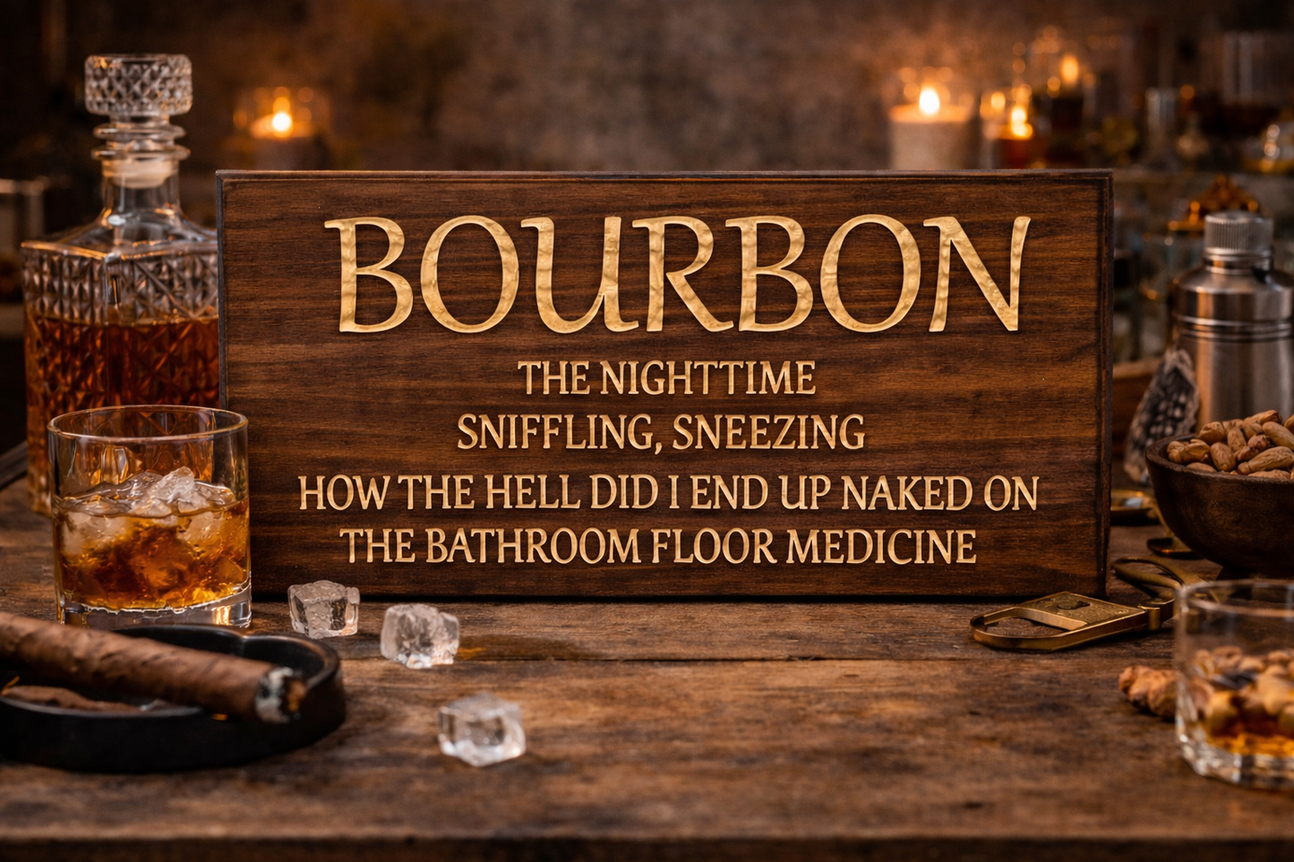 Bourbon Wooden Sign – Funny Bar & Man Cave Wall Decor 12 x 24