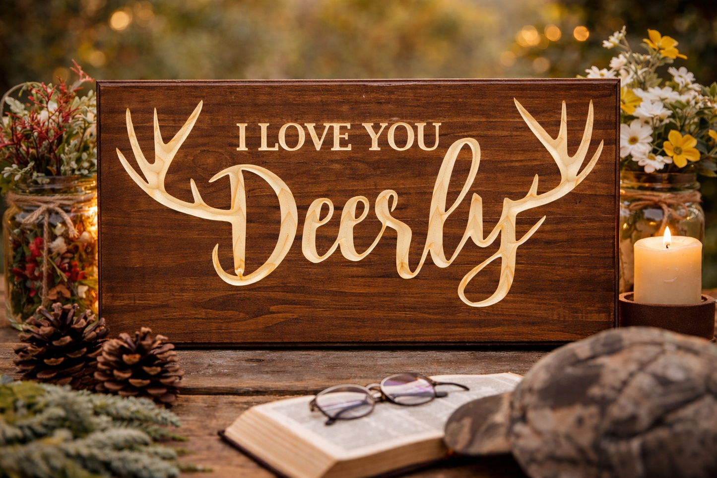 I Love You Deerly 12x24 – Rustic Deer Antler Wood Sign