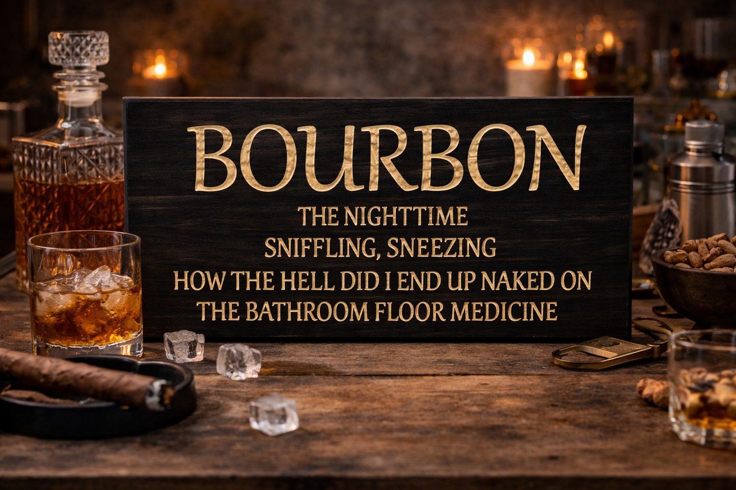 Bourbon Wooden Sign – Funny Bar & Man Cave Wall Decor 12 x 24