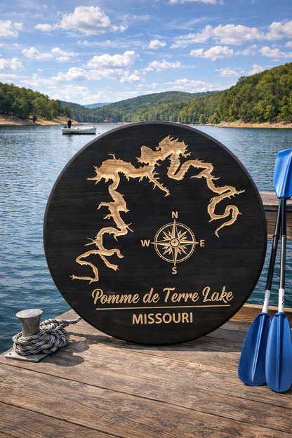 Pomme de Terre Lake Missouri Wooden Wall Sign 24" – CNC Carved Lake Map