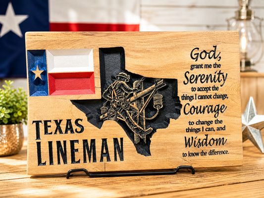 Texas Lineman Serenity Prayer Wooden Sign – Handcrafted CNC Carved Wall Art