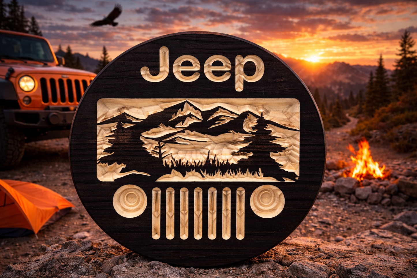 Jeep Mountain Scene Wood Sign – 15” Round