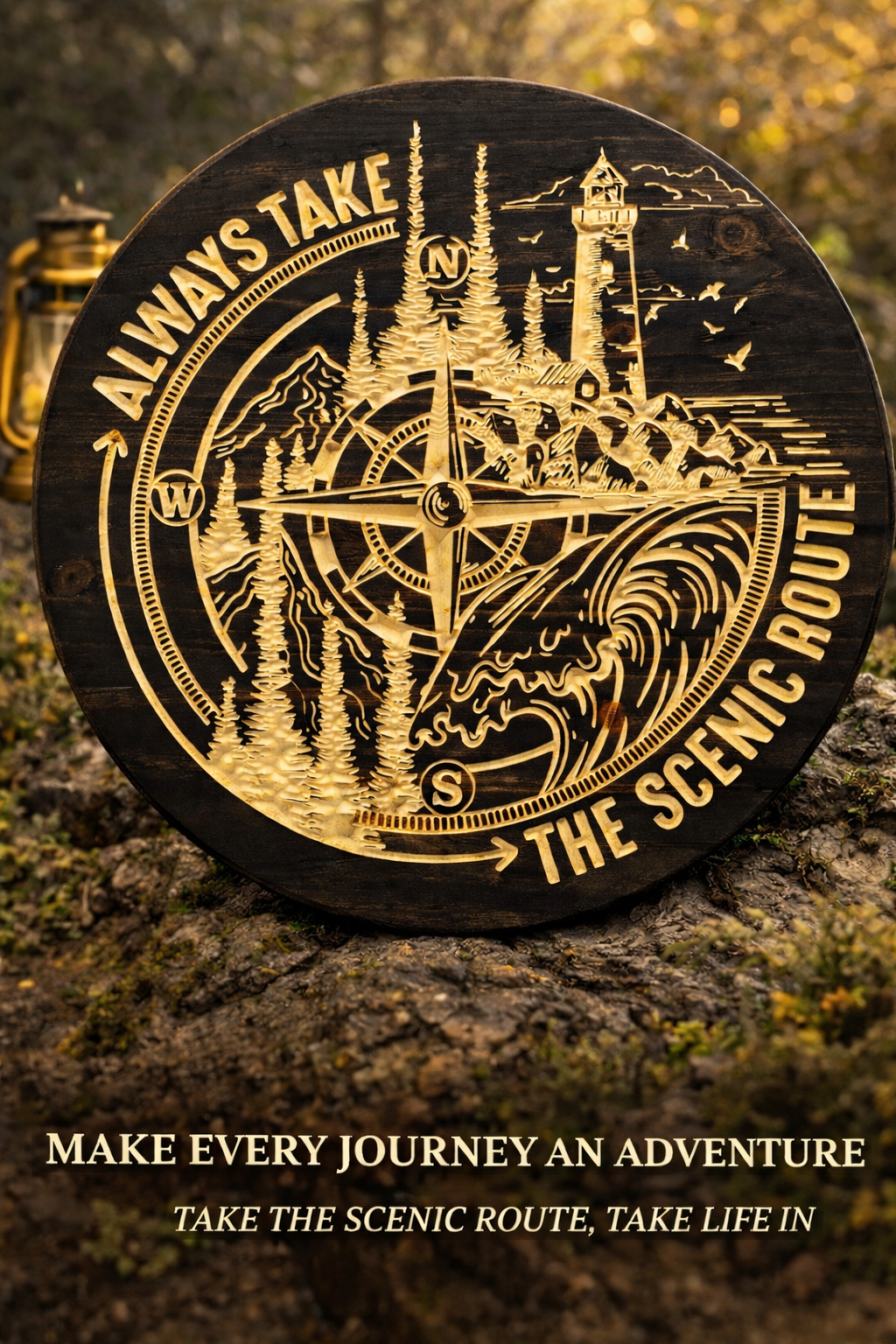 “Always Take the Scenic Route” Wooden Compass Sign