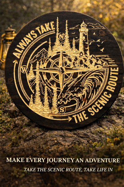“Always Take the Scenic Route” Wooden Compass Sign