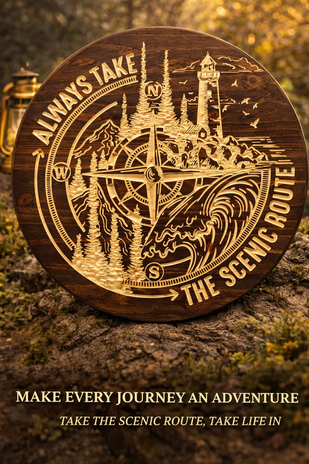 “Always Take the Scenic Route” Wooden Compass Sign