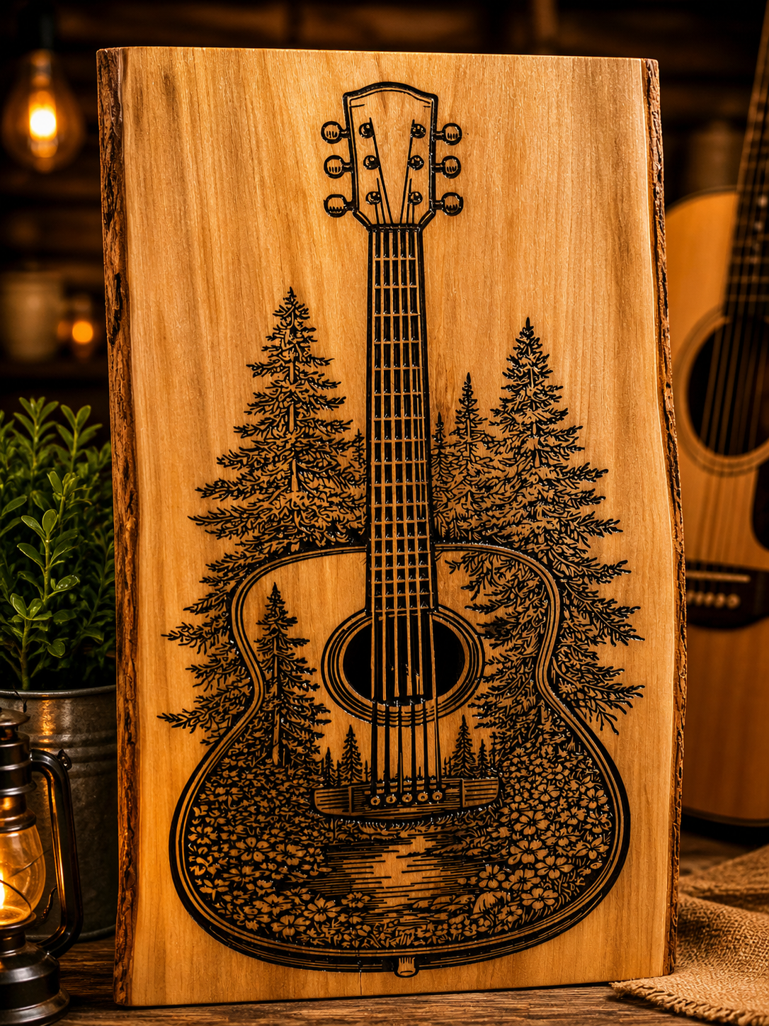 Handcrafted Wooden Guitar Sign with Forest Scene