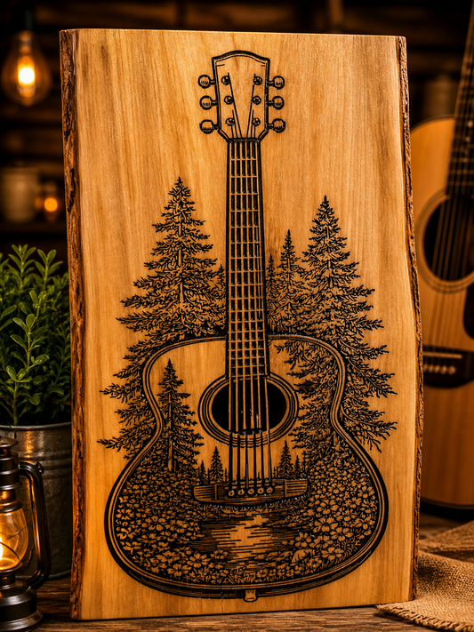 Handcrafted Wooden Guitar Sign with Forest Scene