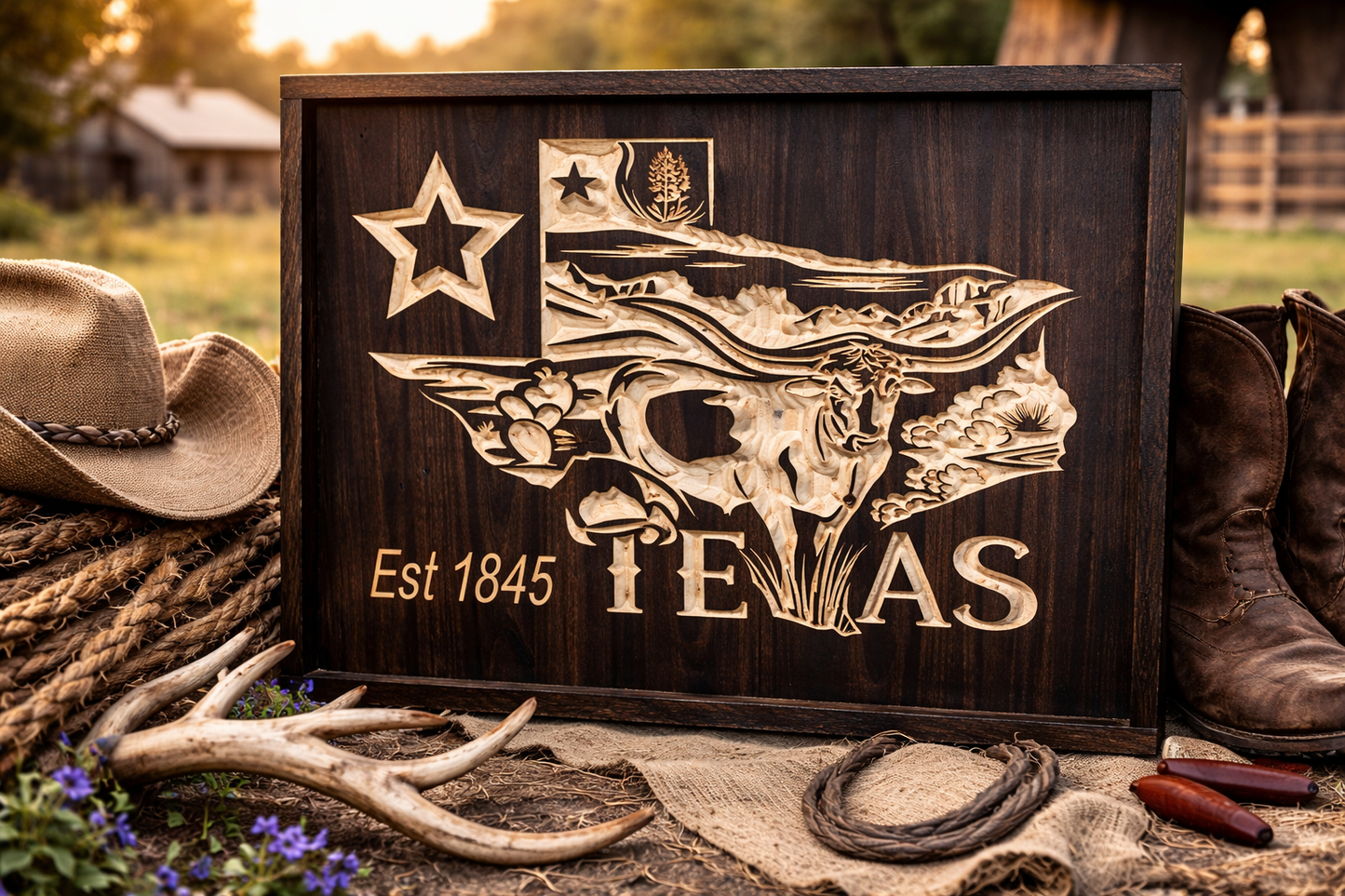 Texas Longhorn Wood Sign – Rustic Texas Wall Decor – Western Ranch Wall Art – Lone Star State Sign – Cowboy Home Decor – Est 1845