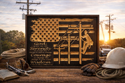 Lineman Serenity Prayer Wooden Sign – Patriotic Power Line Worker Wall Art (18"x24")