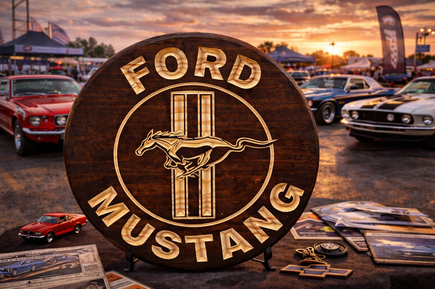 Ford Mustang Wood Logo Sign – 15” Roun
