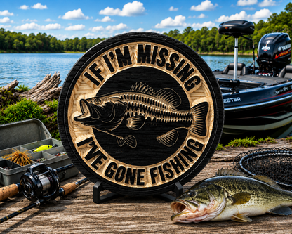 If I'm Missing I've Gone Fishing Sign | Bass Fishing Wall Decor | Rustic Wooden Fishing Sign | Fisherman Gift | Lake House Decor | 18" Round
