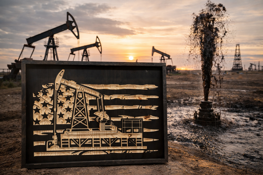 Oil Field American Flag Wood Sign – Pumpjack Wall Art – Rustic Oil Rig Decor – Petroleum Industry Gift – CNC Carved Wood Sign