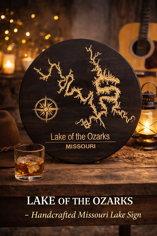 Lake of the Ozarks, Missouri – Handcrafted Wooden Lake Map Sign 18"
