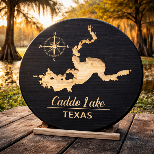Caddo Lake Texas Wooden CNC-Carved Map Sign – 24” Round Wall Décor