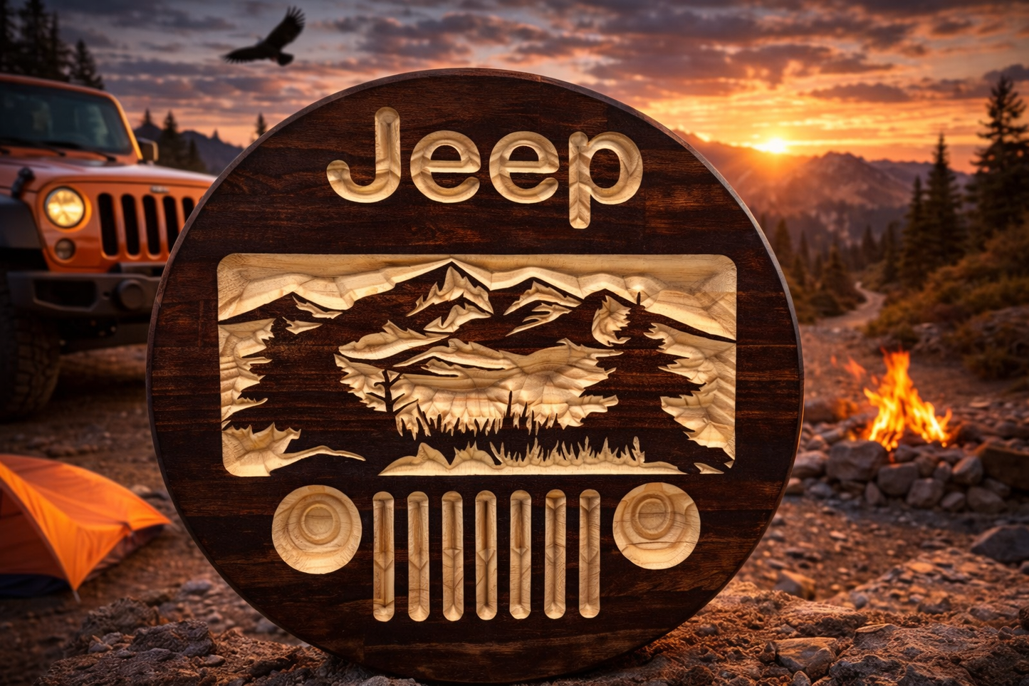 Jeep Mountain Scene Wood Sign – 15” Round