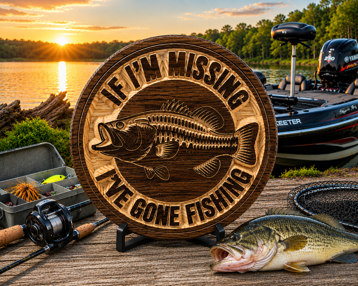 If I'm Missing I've Gone Fishing Sign | Bass Fishing Wall Decor | Rustic Wooden Fishing Sign | Fisherman Gift | Lake House Decor | 18" Round
