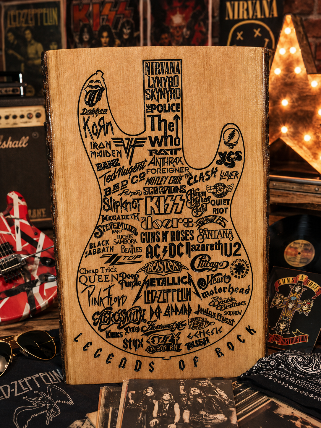 24" x 15"-18"Legends of Rock Guitar Wall Art | Handcrafted Live Edge Wooden Music Sign