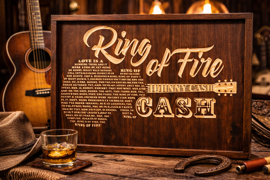 Ring of Fire Wood Sign – Johnny Cash Wall Art – Country Music Decor – Rustic Guitar Lyric Sign – Western Music Wall Decor