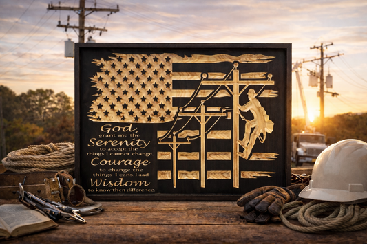 Lineman Serenity Prayer Wooden Sign – Patriotic Power Line Worker Wall Art (18"x24")