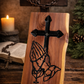 Handcrafted cedar cross with praying hands and rosary. Rustic Christian wall art—perfect for home décor, prayer room, or meaningful gift.
