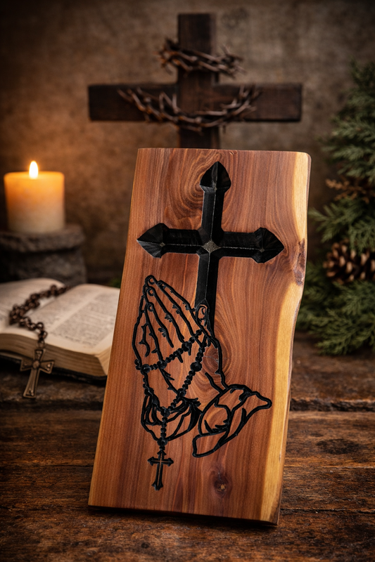 Handcrafted cedar cross with praying hands and rosary. Rustic Christian wall art—perfect for home décor, prayer room, or meaningful gift.