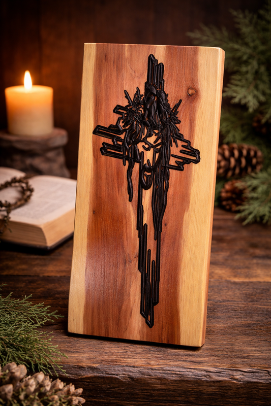 12" Cedar Cross Wall Decor with Jesus Face – Crown of Thorns Cross – Christian Wall Art – Rustic Wooden Cross Sign – Religious Home Decor