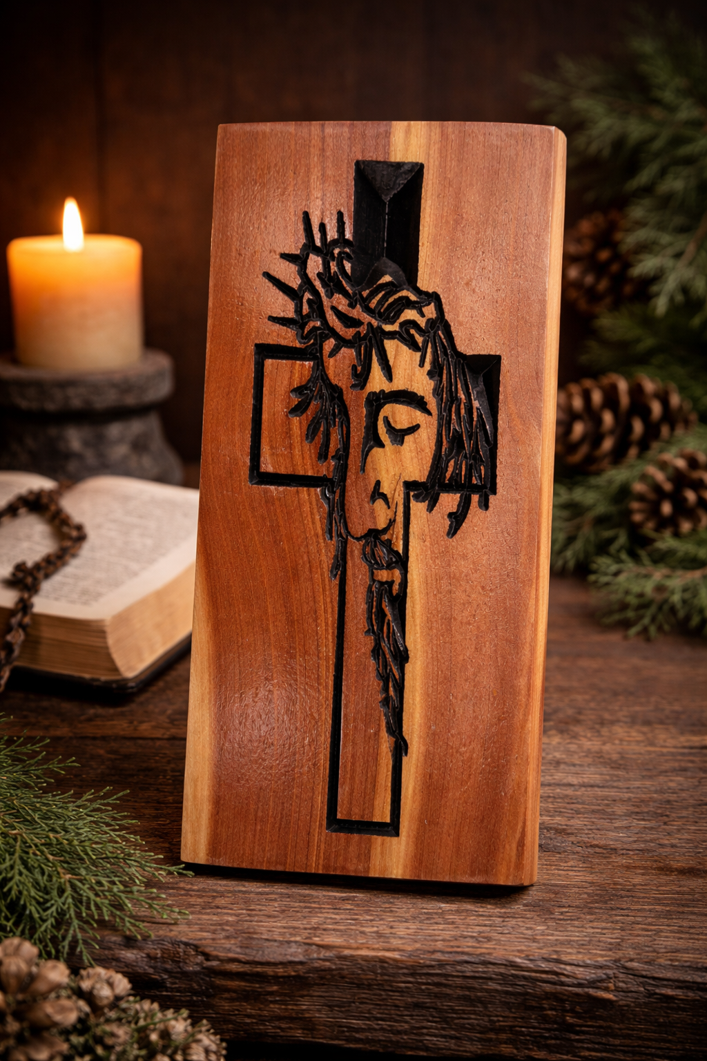Jesus Face Cross Wood Sign – Cedar Christian Wall Art – Crown of Thorns Cross – Rustic Religious Home Decor – Handmade Wooden Cross
