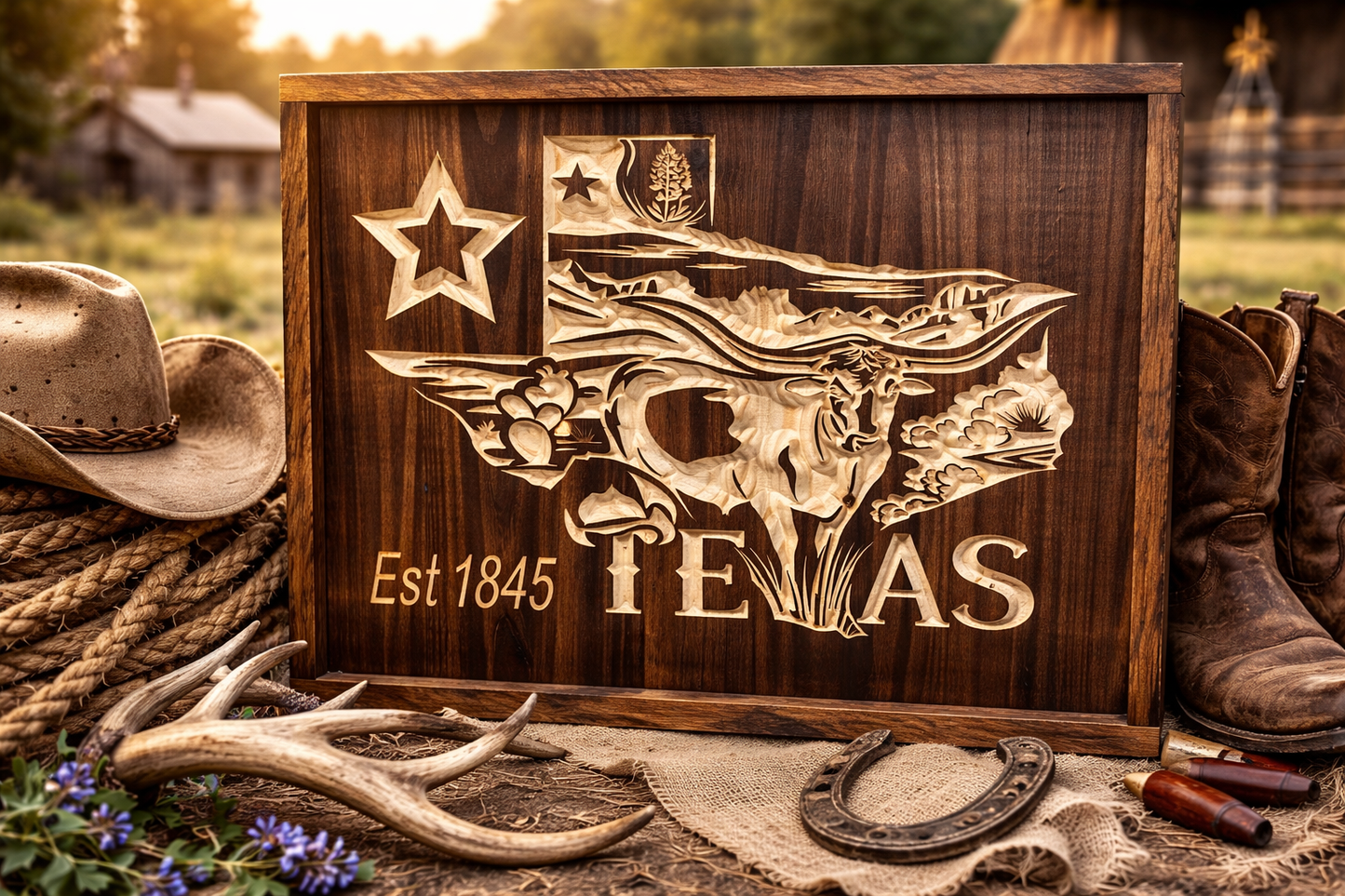 Texas Longhorn Wood Sign – Rustic Texas Wall Decor – Western Ranch Wall Art – Lone Star State Sign – Cowboy Home Decor – Est 1845