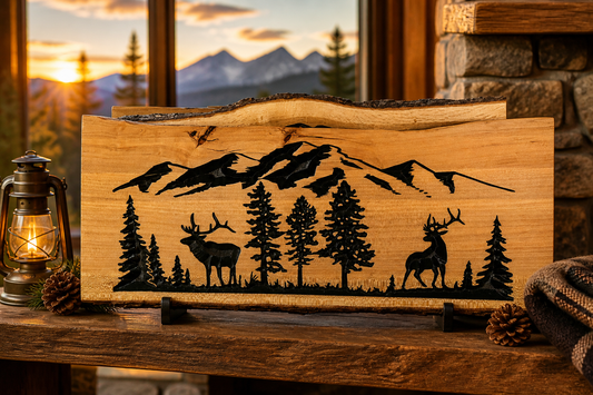 Live Edge Mountain Elk Scene Wooden Sign – Handcrafted Rustic Cabin Wall Art