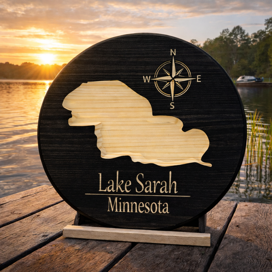 Lake Sarah Minnesota Wooden Sign – Custom Lake Map Wall Art, Rustic CNC Carved Lake House Decor