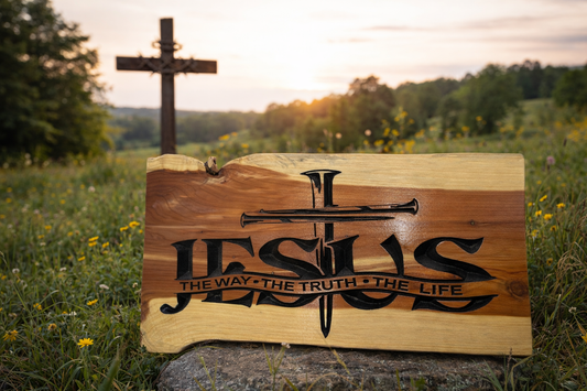 Jesus Wood Sign – Cedar Christian Wall Art – “The Way The Truth The Life” Cross Sign – Rustic Religious Home Decor