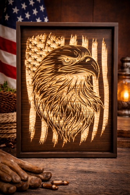 Bald Eagle American Flag Wood Sign – Patriotic Wall Art – Rustic Wooden Eagle Decor – USA Flag Wall Hanging – Handcrafted Wood Sign