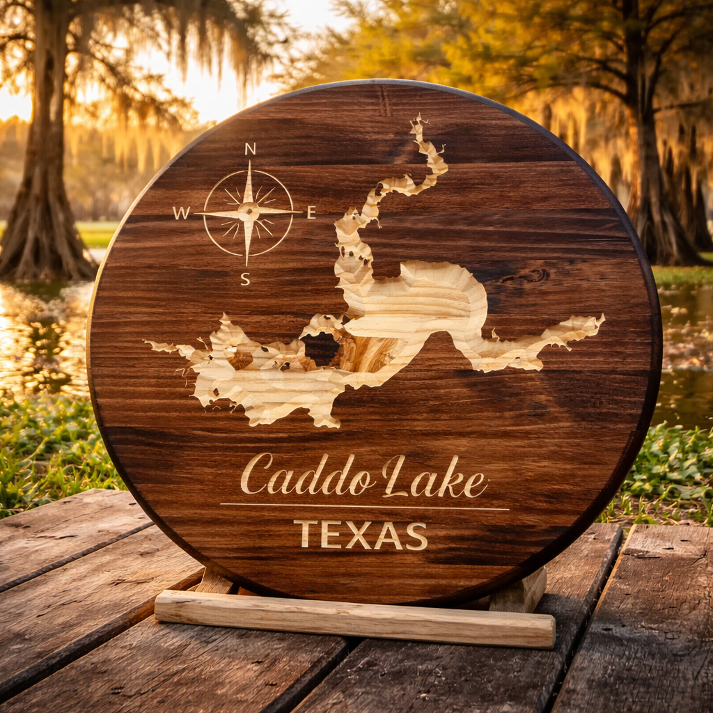 Caddo Lake Texas Wooden CNC-Carved Map Sign – 24” Round Wall Décor