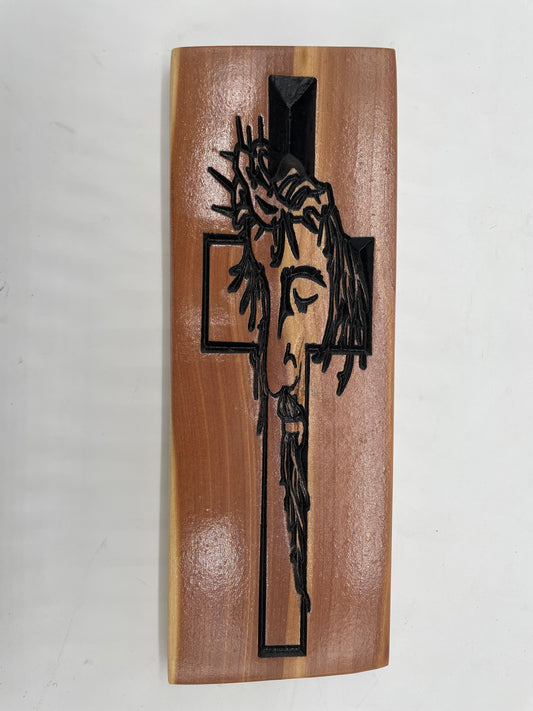 Jesus Face Cross Wood Sign – Cedar Christian Wall Art – Crown of Thorns Cross – Rustic Religious Home Decor – Handmade Wooden Cross