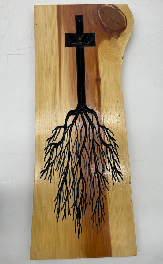 Handcrafted cedar cross with roots design. Rustic Christian wall art symbolizing faith and strength—perfect for home décor or meaningful gift.