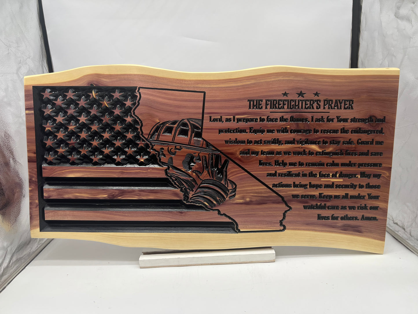 California Fire Fighter Prayer on live edge cedar