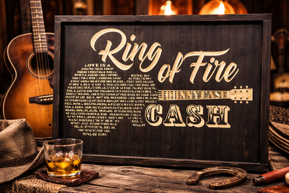 Ring of Fire Wood Sign – Johnny Cash Wall Art – Country Music Decor – Rustic Guitar Lyric Sign – Western Music Wall Decor